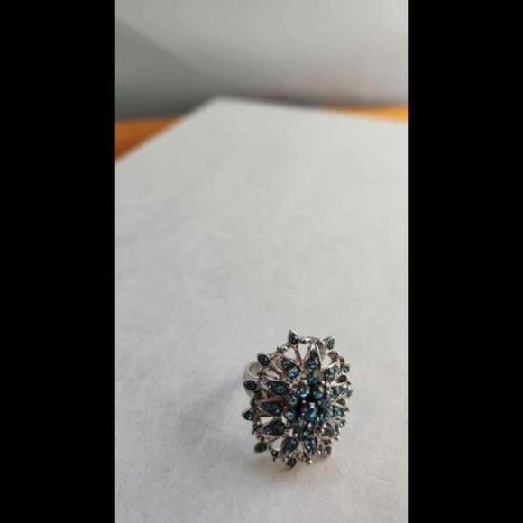 Costume Jewelery Ring Silvertone with Aqua faux stones Size 6 - Picture 3 of 3